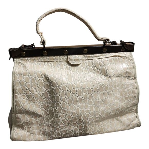 VINTAGE Croc Embossed Doctor Bag Satchel - Cream Beige Frame Handbag - Crossbody - Picture 2 of 14